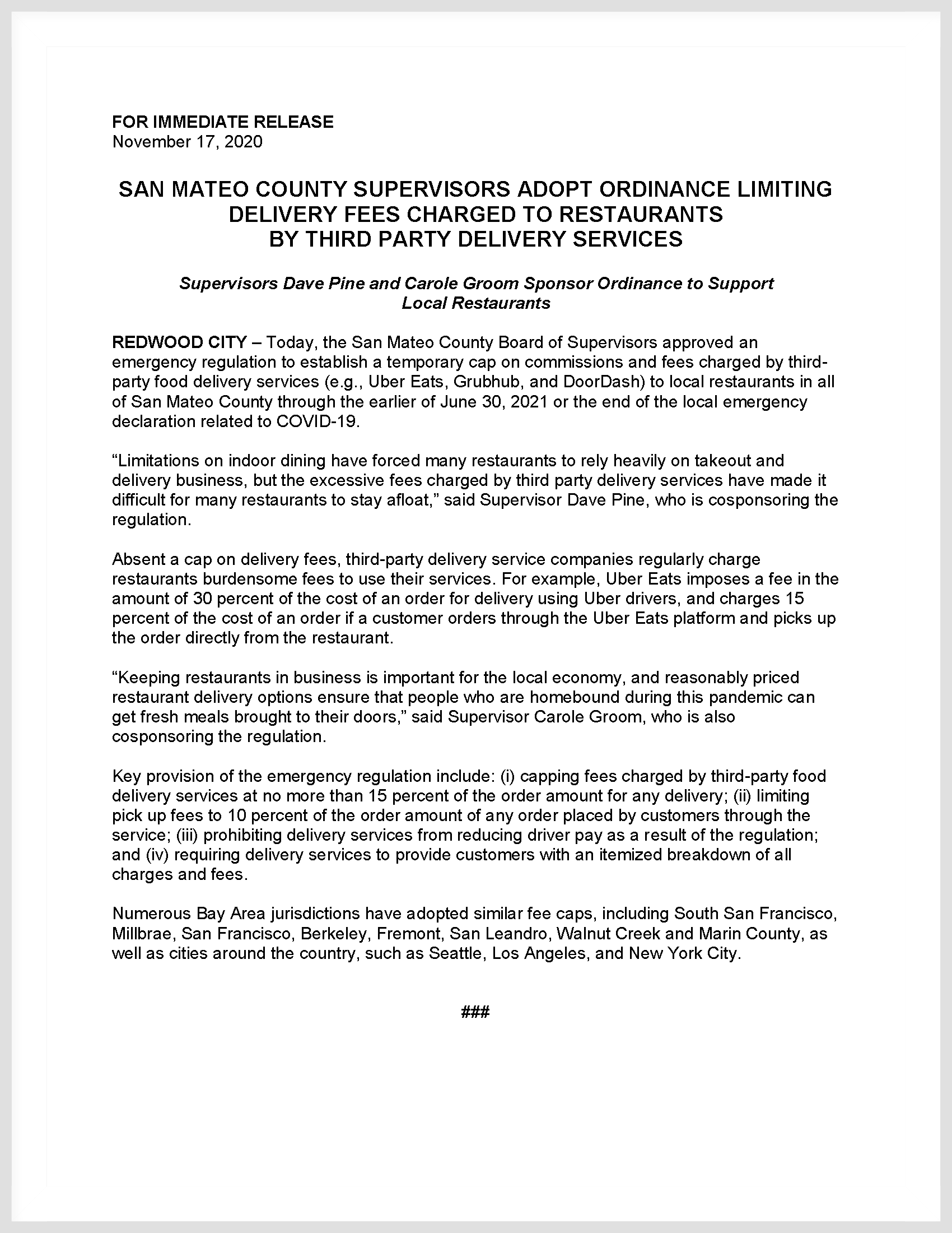 San Mateo County Ordinance Adopted Limiting Delivery Fees