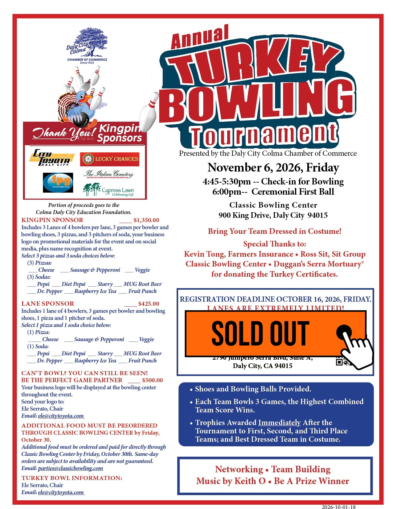 Annual Turkey Bowling Tournament, November 6, 2026
