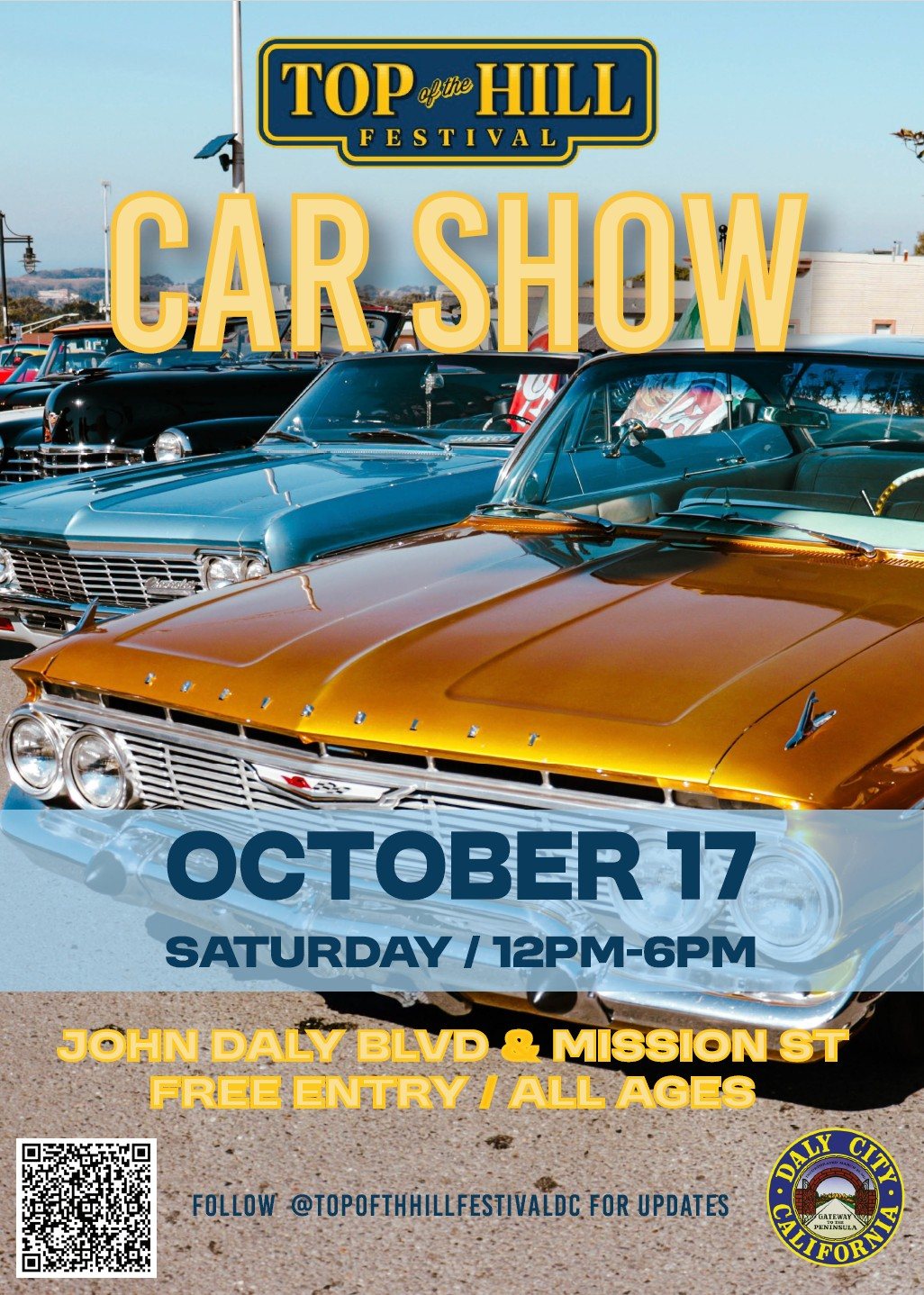 2026 Top of the Hill Festival car show flyer for Saturday October 17, noon to 6 PM