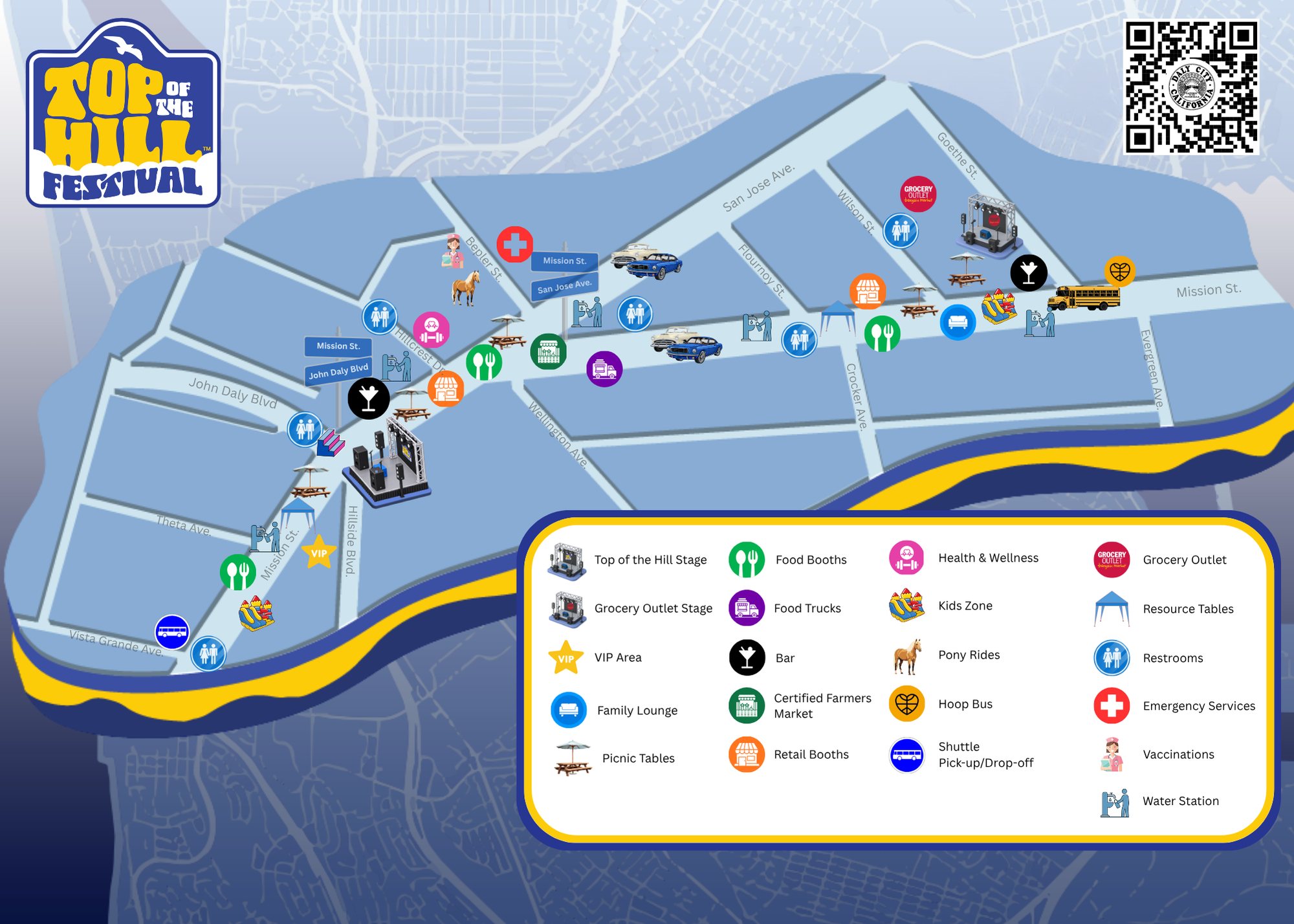 2026 festival map showing the main stage, Grocery Outlet stage, shuttle pickup, resource booths, bathrooms, emergency services and kids zone
