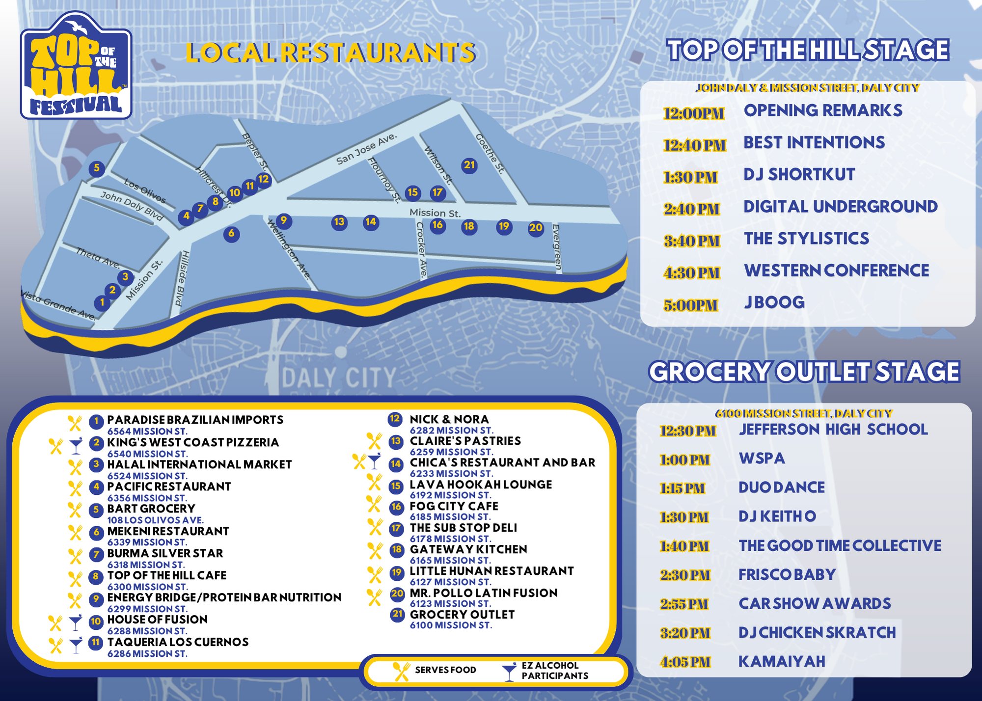 2026 Top of the Hill restaurant guide with 21 listed local restaurants and the two stage schedules